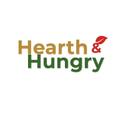 Square Logo of Hearth & Hungry with a red leaf symbol on a white background