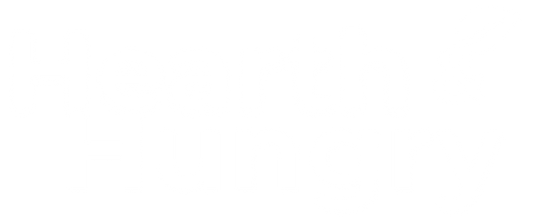 Inverse Logo of 'Hearth & Hungry' with a leaf symbol on a black background